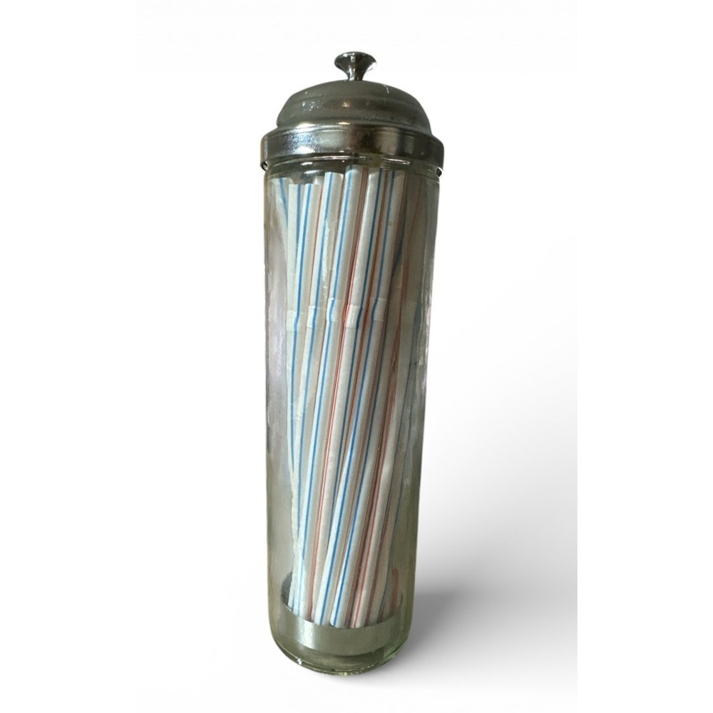 Vintage Straw Holder Dispenser Soda Fountain Glass w/ Chrome Lid Retro NO STRAWS